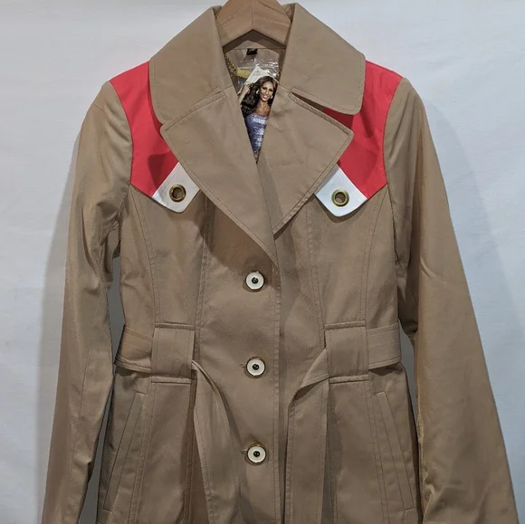 NWT IMAN Vintage Colorblock Tan And Coral Trenchcoat Size XS - Picture 5 of 11